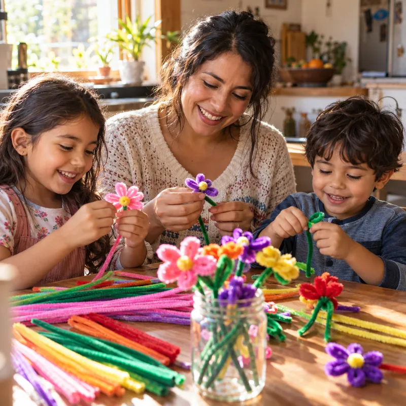 Una madre y dos niños haciendo flores con limpiapipas