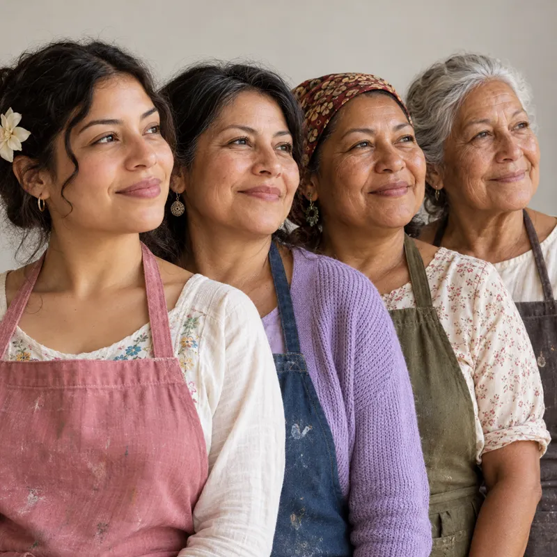 Cuatro mujeres de distintas edades con delantales de taller